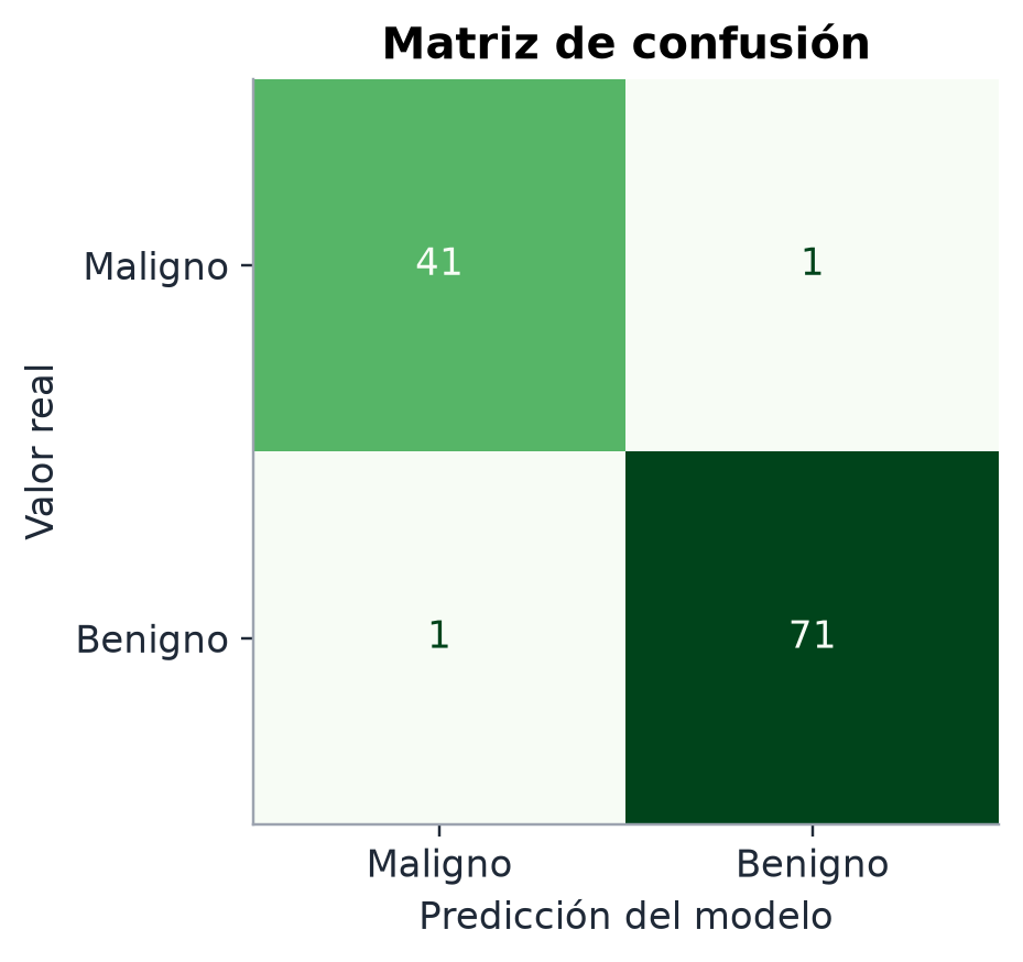 Matriz de confusión de 2 por 2 con los aciertos y errores del modelo para tumores malignos y benignos
